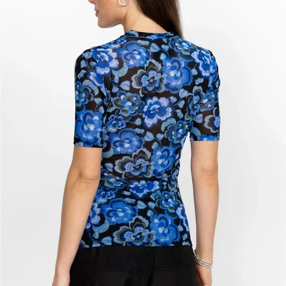 Johnny Was Blue Calanthe Mesh Top Allover Floral Print Stretchy Lg - Picture 8 of 9